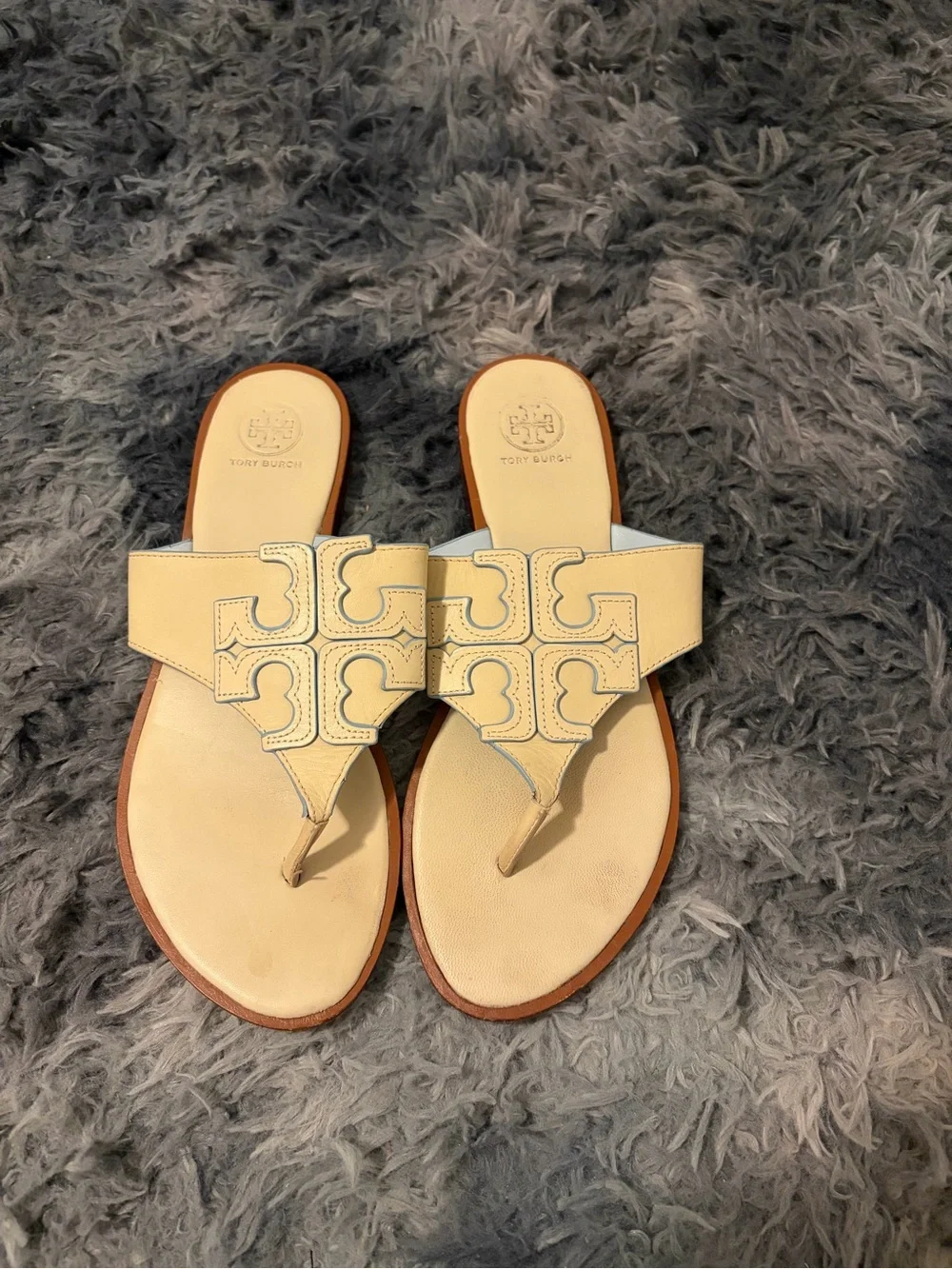 Tory Burch Miller Sandals 8.5 M Yellow Cream Leather Light Blue Trim Thong Flat